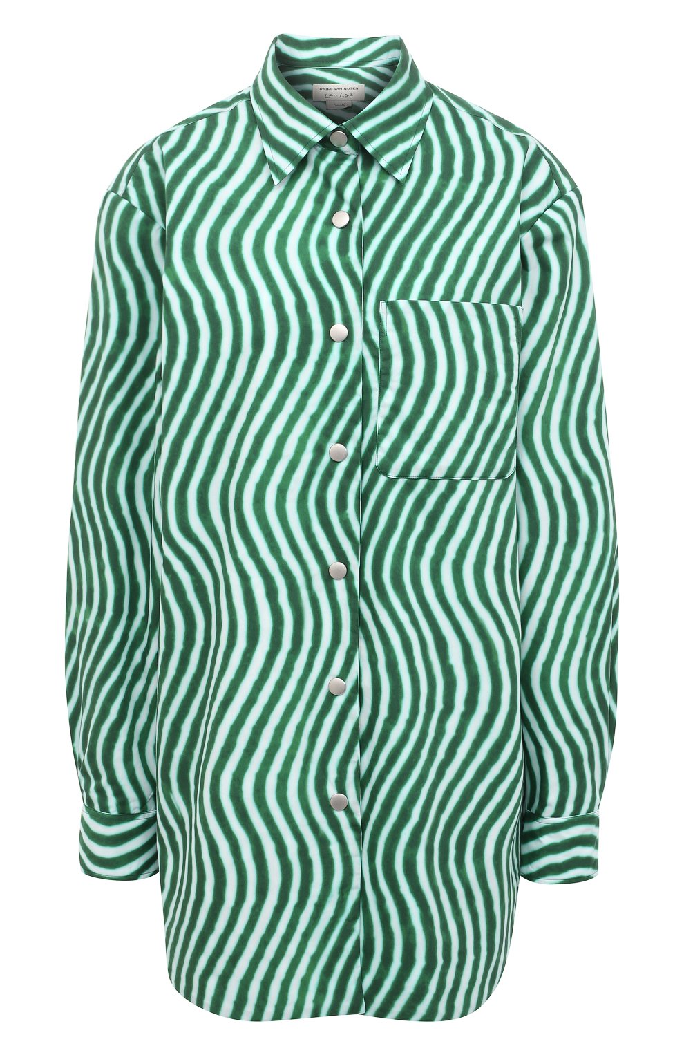 Женская хлопковая рубашка DRIES VAN NOTEN зеленого цвета, арт. 211-30731-2009 | Фото 1 (Рукава: Длинные; Женское Кросс-КТ: Рубашка-одежда; Принт: С принтом; Длина (для топов): Удлиненные; Региональные ограничения белый список (Axapta Mercury): RU; Материал внешний: Хлопок; Материал подклада: Хлопок; Стили: Кэжуэл)