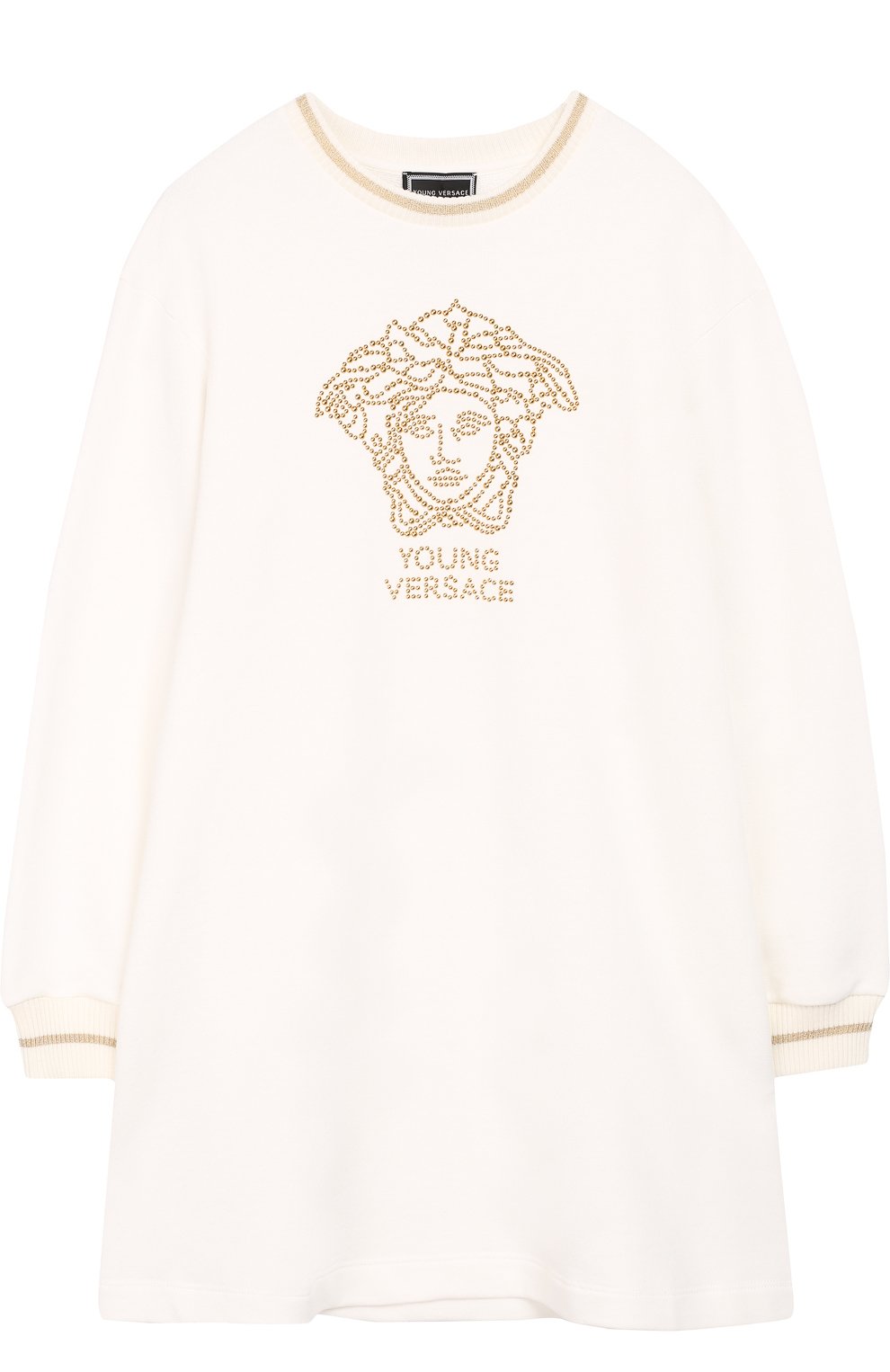Детское хлопковое мини-платье со стразами VERSACE белого цвета, арт. YVFAB424/YFE130/8A-S | Фото 1 (Рукава: Длинные; Случай: Повседневный; Принт: С принтом; Материал внешний: Хлопок; Статус проверки: Проверено, Проверена категория; Девочки Кросс-КТ: Платье-одежда)