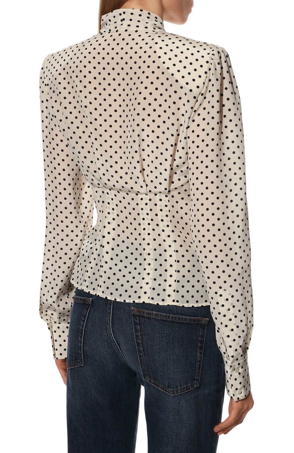 Ж�енская шелковая блузка DOLCE & GABBANA молочного цвета, арт. F5L52T/FS14L/0UTLET AW22-23 | Фото 4 (Материал внешний: Шелк; Рукава: Длинные; Длина (для топов): Стандартные; Принт: С принтом; Стили: Романтичный; Женское Кросс-КТ: Блуза-одежда)