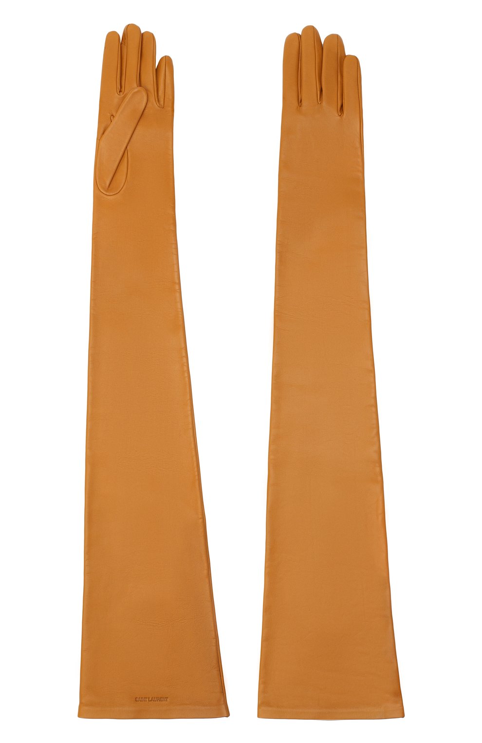 Женские кожаные перчатки SAINT LAURENT светло-коричневого цвета, арт. 639504/3YA26 | Фото 2 (Материал: Натуральная кожа; Длина (верхняя одежда): Длинные)