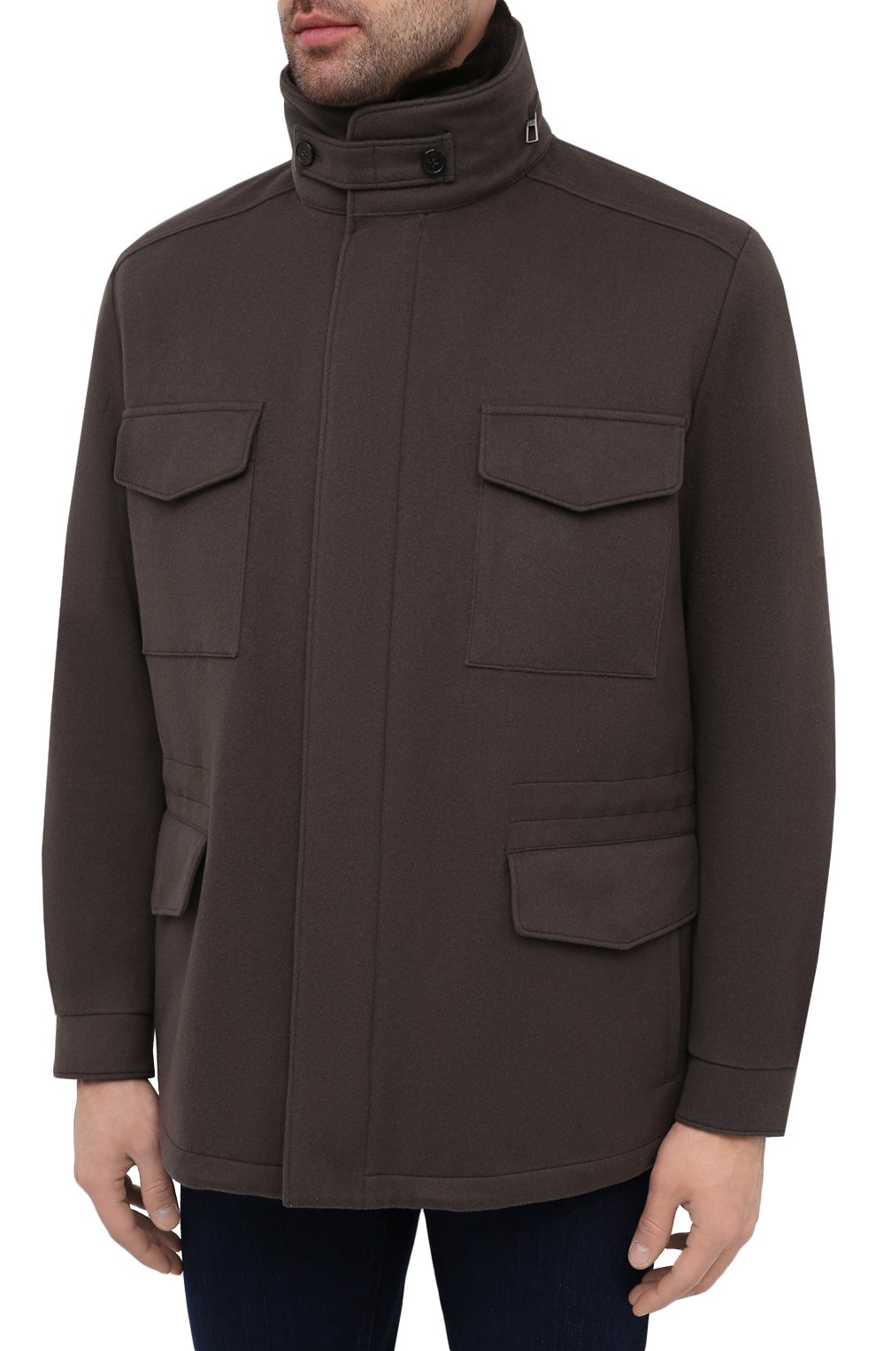 Мужская шерстяная куртка с меховой отделкой LORO PIANA коричневого цвета, арт. FAI3695/VVIC | Фото 3 (Кросс-КТ: Куртка; Мужское Кросс-КТ: шерсть и кашемир; Материа л внешний: Шерсть; Рукава: Длинные; Длина (верхняя одежда): До середины бедра; Региональные ограничения белый список (Axapta Mercury): RU; Материал сплава: Проставлено; Материал подклада: Синтетический материал; Драгоценные камни: Проставлено; Стили: Кэжуэл)