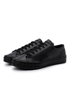 Мужские кожаные кеды PRADA черного цвета, арт. 2EG324-3LEN-F0002-A000 | Фото 1 (Материал внешний: Кожа; Материал утеплителя: Натуральный мех; Стили: Классический; Подошва: Массивная)