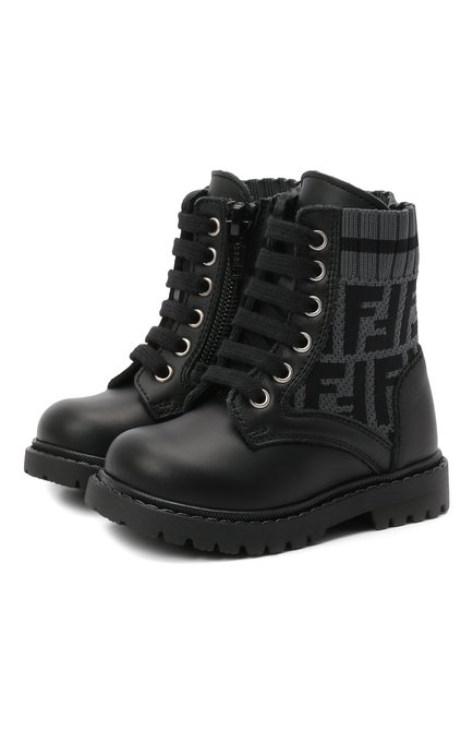 Детские кожаные ботинки FENDI черного цвета, арт. JMR383/AEGP/19-26 | Фото 1 (Материал внутренний: Натуральная кожа; Материал внешний: Кожа)