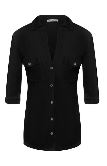Женская хлопковая рубашка JAMES PERSE черного цвета, арт. WUA3042 | Фото 1 (Материал внешний: Хлопок; Рукава: 3/4; Длина (для топов): Стандартные; Женское Кросс-КТ: Рубашка-одежда; Принт: Без принта; Стили: Кэжуэл)