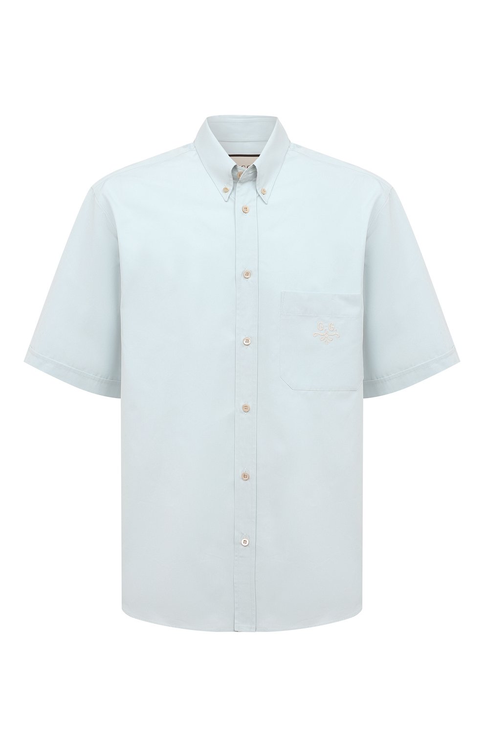 Мужская хлопковая рубашка GUCCI голубого цвета, арт. 630264 ZAEOQ | Фото 1 (Воротник: Button down; Рукава: Короткие; Случай: Повседневный; Длина (для топов): Стандартные; Материал сплава: Проставлено; Материал внешний: Хлопок; Принт: Однотонные; Драгоценные камни: Проставлено; Стили: Кэжуэл)