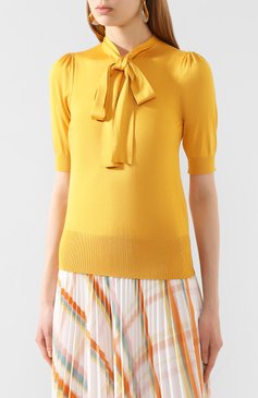 Женский шелковый пуловер DOLCE & GABBANA желтого цвета, арт. FX706T/JASIP | Фото 3 (Материал внешний: Шелк; Рукава: Короткие, 3/4; Длина (для топов): Стандартные; Стили: Классический, Романтичный, Кэжуэл; Женское Кросс-КТ: Пуловер-одежда)