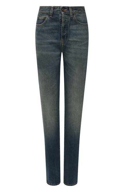 Женские джинсы SAINT LAURENT синего цвета, арт. 614443/Y30AC | Фото 1 (Материал внешний: Хлопок, Деним; Длина (брюки, джинсы): Стандартные; Силуэт Ж (брюки и джинсы): Прямые; Стили: Кэжуэл; Детали: Потертости; Кросс-КТ: Деним)