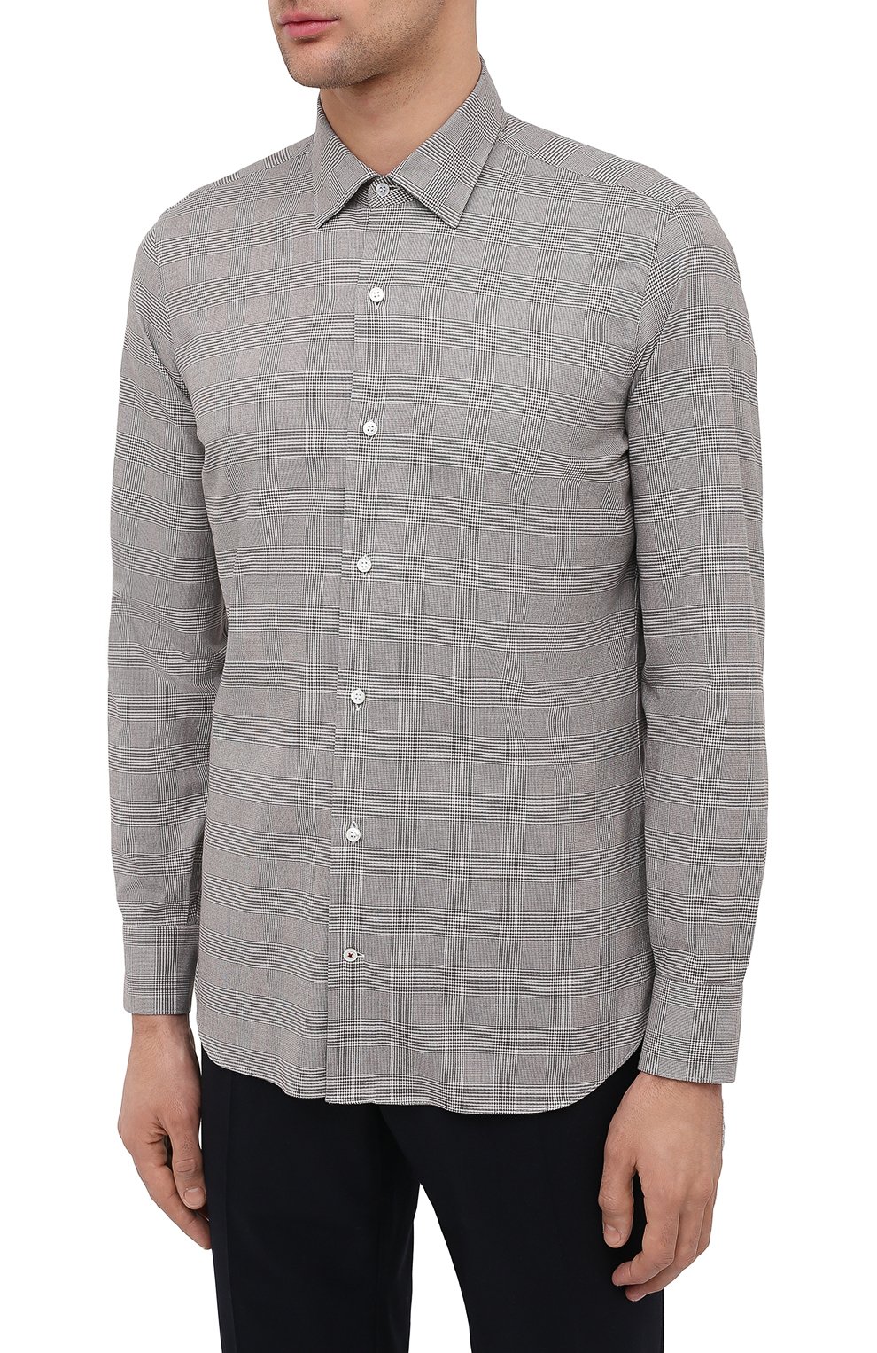 Мужская хлопковая рубашка LORO PIANA коричневого цвета, арт. FAL4361 | Фото 3 (Манжеты: На пуговицах; Принт: Клетка; Воротник: Кент; Рукава: Длинные; Случай: Повседневный; Длина (для топов): Стандартные; Рубашки М: Slim Fit; Региональные ограничения белый список (Axapta Mercury): RU; Материал внешний: Хлопок; Мужское Кросс-КТ: Рубашка-одежда; Стили: Кэжуэл)