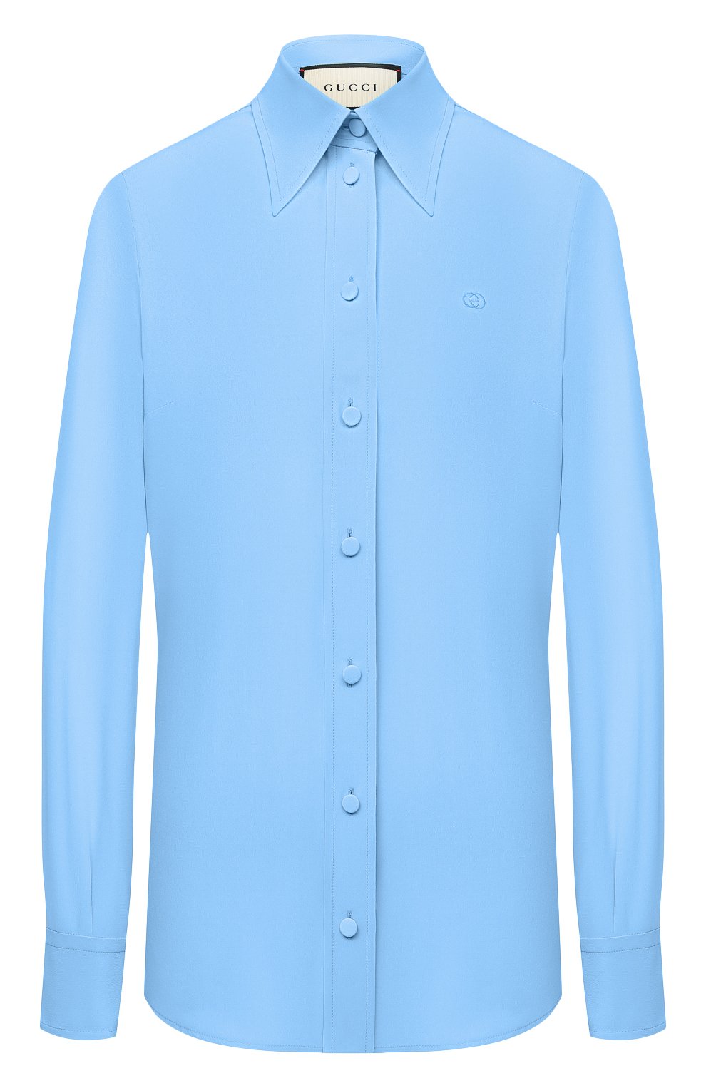 Женская шелковая рубашка GUCCI голубого цвета, арт. 627407/ZAEWU | Фото 1 (Материал внешний: Шелк; Рукава: Длинные; Принт: Без принта; Женское Кросс-КТ: Рубашка-одежда; Длина (для топов): Стандартные; Региональные ограничения белый список (Axapta Mercury): RU; Стили: Классический)