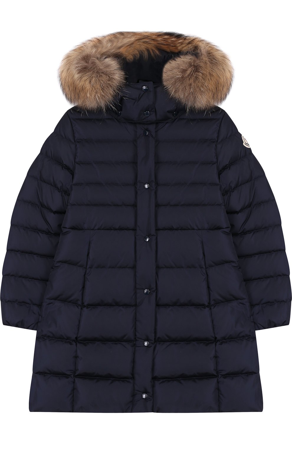 Пуховое пальто на молнии с капюшоном и меховой отделкой Moncler Enfant