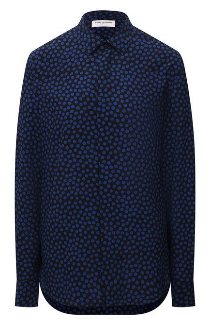 Женская шелковая рубашка SAINT LAURENT синего цвета, арт. 646850/Y3E71 | Фото 1 (Материал внешний: Шелк; Рукава: Длинные; Женское Кросс-КТ: Рубашка-одежда; Стили: Кэжуэл; Принт: С принтом; Длина (для топов): Удлиненные)