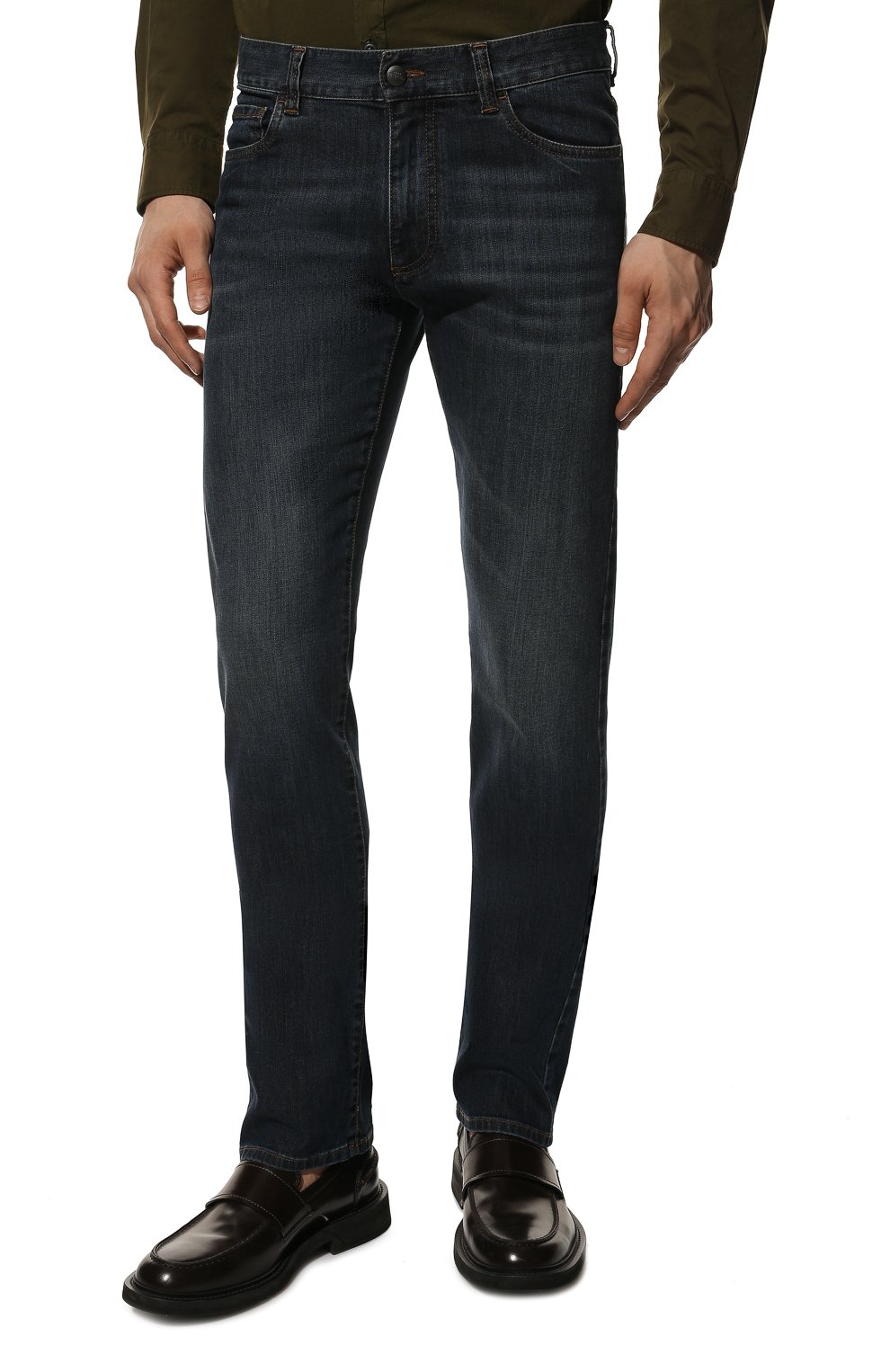 Мужские джинсы CANALI темно-синего цвета, арт. 91700/PD00003 | Фото 3 (Силуэт М (брюки): Прямые; Кросс-КТ: Деним; Длина (брюки, джинсы): Стандартные; Материал внешний: Хлопок; Детали: Потертости; Стили: Кэжуэл)