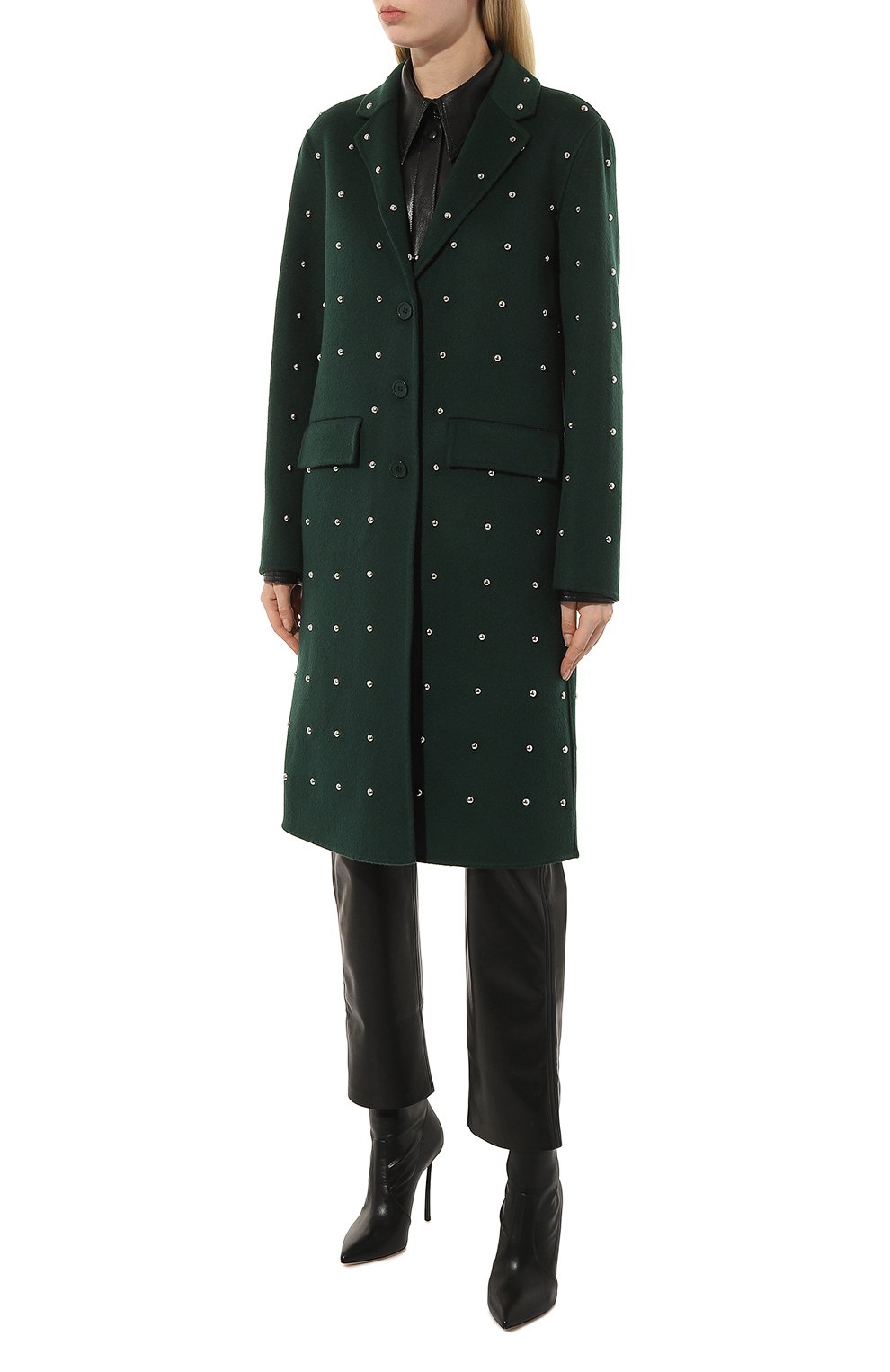 Женское шерстяное пальто P.A.R.O.S.H. темно-зеленого цвета, арт. LEAK-D430994B | Фото 3 (Материал внешний: Шерсть; Рукава: Длинные; Стили: Гламурный; Длина (верхняя одежда): До колена; 1-2-бортные: Однобортные)
