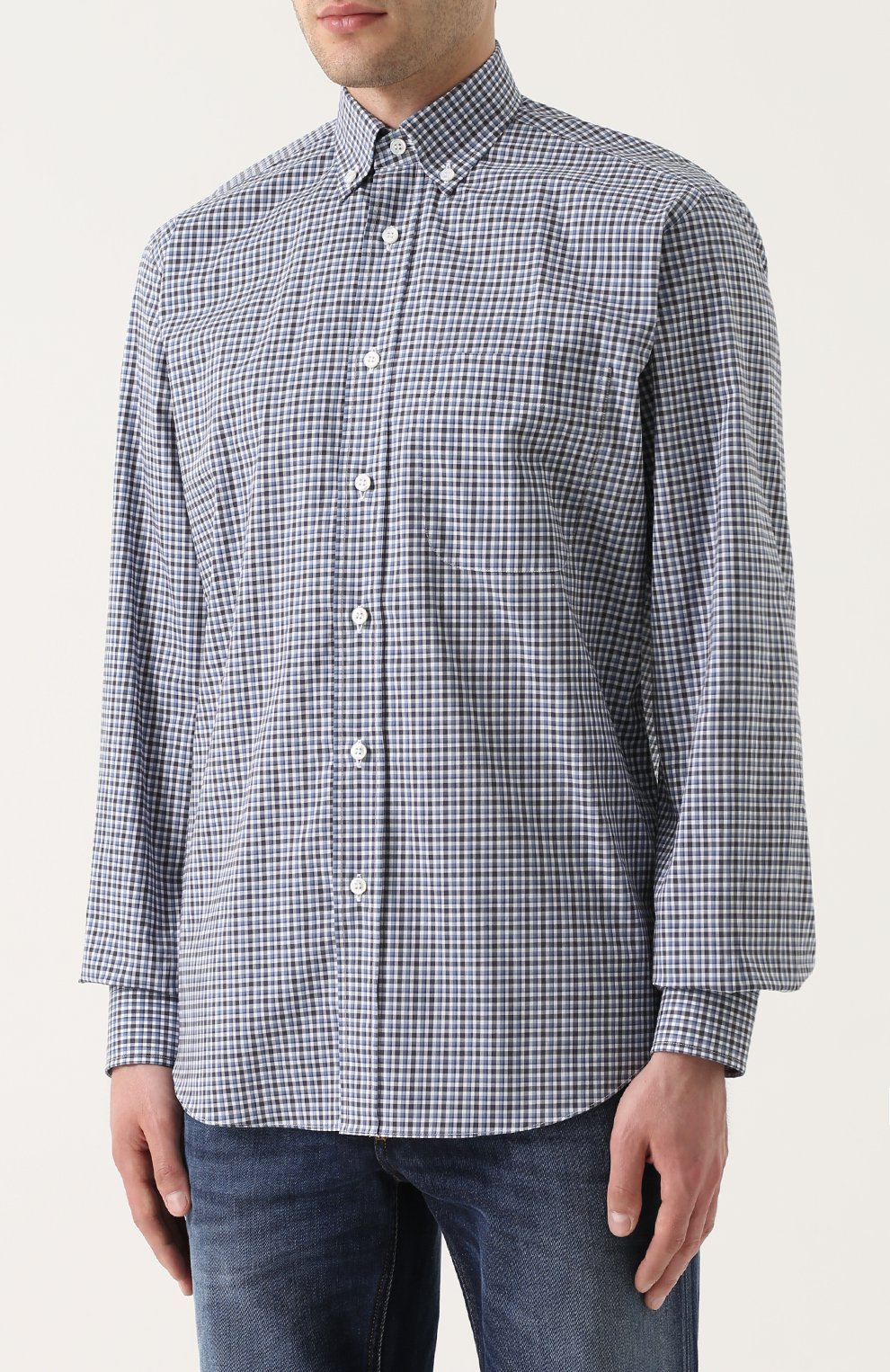 Хлопковая рубашка в клетку с воротником button-down Brioni  SC02/06053 Фото 3