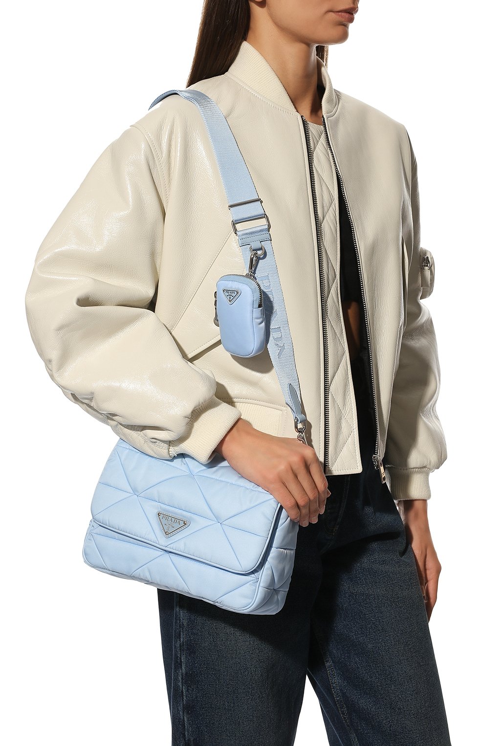 Женская сумка re-nylon PRADA голубого цвета, арт. 1BD290-RDJN-F0076-O1O | Фото 2 (Сумки-технические: Сумки через плечо; Материал: Натуральная кожа; Ремень/цепочка: На ремешке; Размер: small)