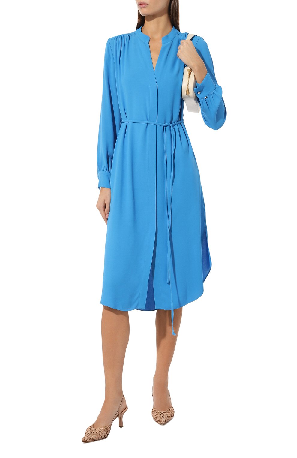Женское платье из вискозы BOSS голубого цвета, арт. 50496388 | Фото 2 (Женское Кросс-КТ: платье-рубашка, Платье-одежда; Рукава: Длинные; Случай: Повседневный; Материал сплава: Проставлено; Длина Ж (юбки, платья, шорты): Миди; Материал внешний: Вискоза; Драгоценные камни: Проставлено; Стили: Кэжуэл)