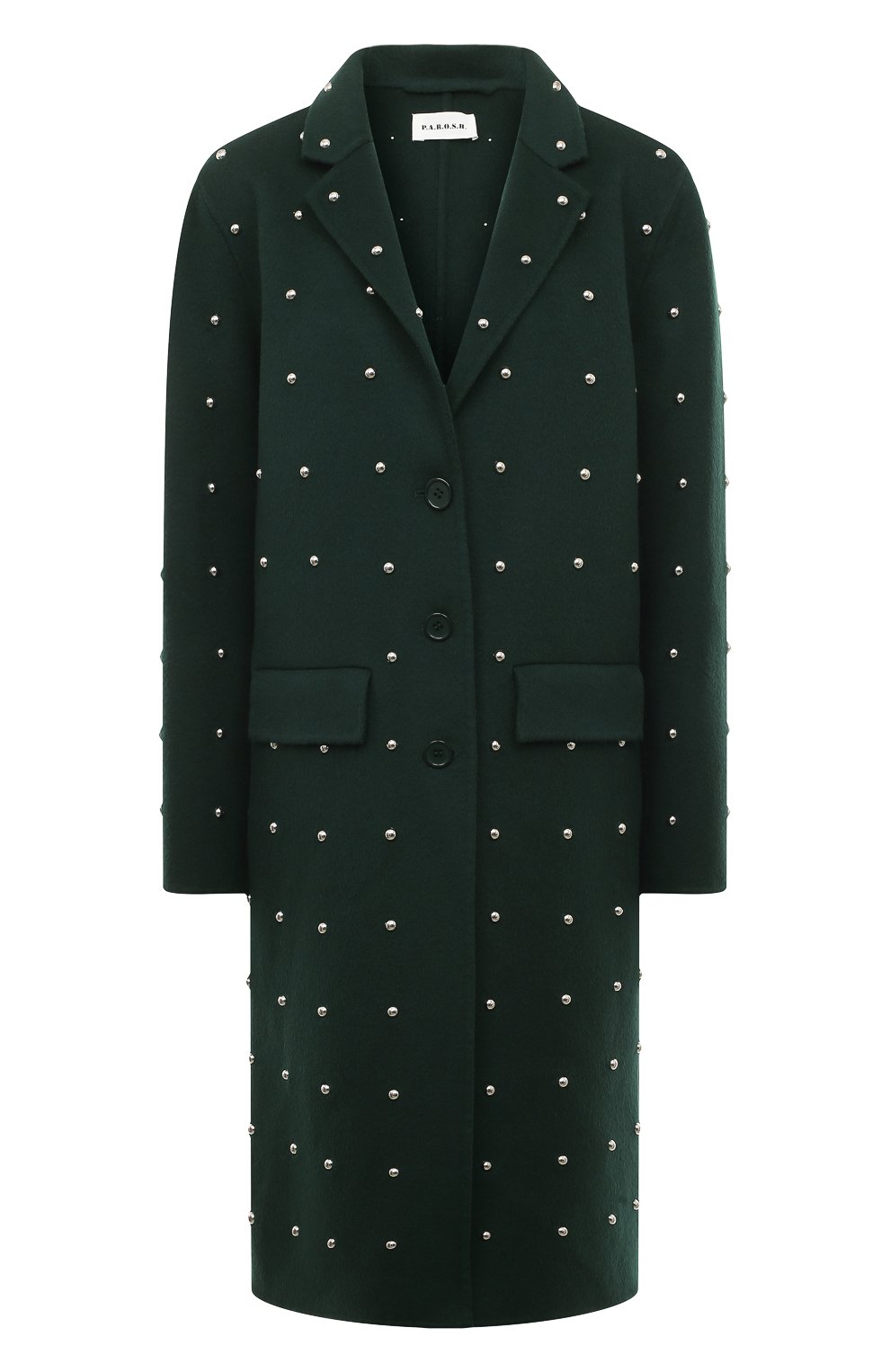 Женское шерстяное пальто P.A.R.O.S.H. темно-зеленого цвета, арт. LEAK-D430994B | Фото 1 (Материал внешний: Шерсть; Рукава: Длинные; Стили: Гламурный; Длина (верхняя одежда): До колена; 1-2-бортные: Однобортные)