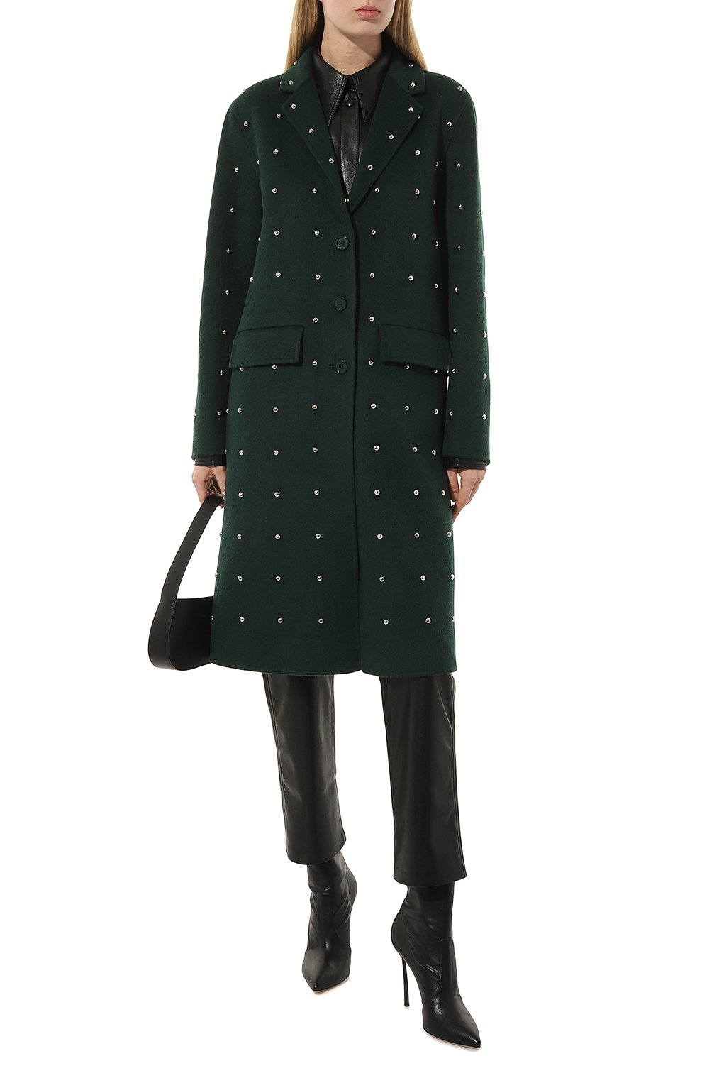 Женское шерстяное пальто P.A.R.O.S.H. темно-зеленого цвета, арт. LEAK-D430994B | Фото 2 (Материал внешний: Шерсть; Рукава: Длинные; Стили: Гламурный; Длина (верхняя одежда): До колена; 1-2-бортные: Однобортные)