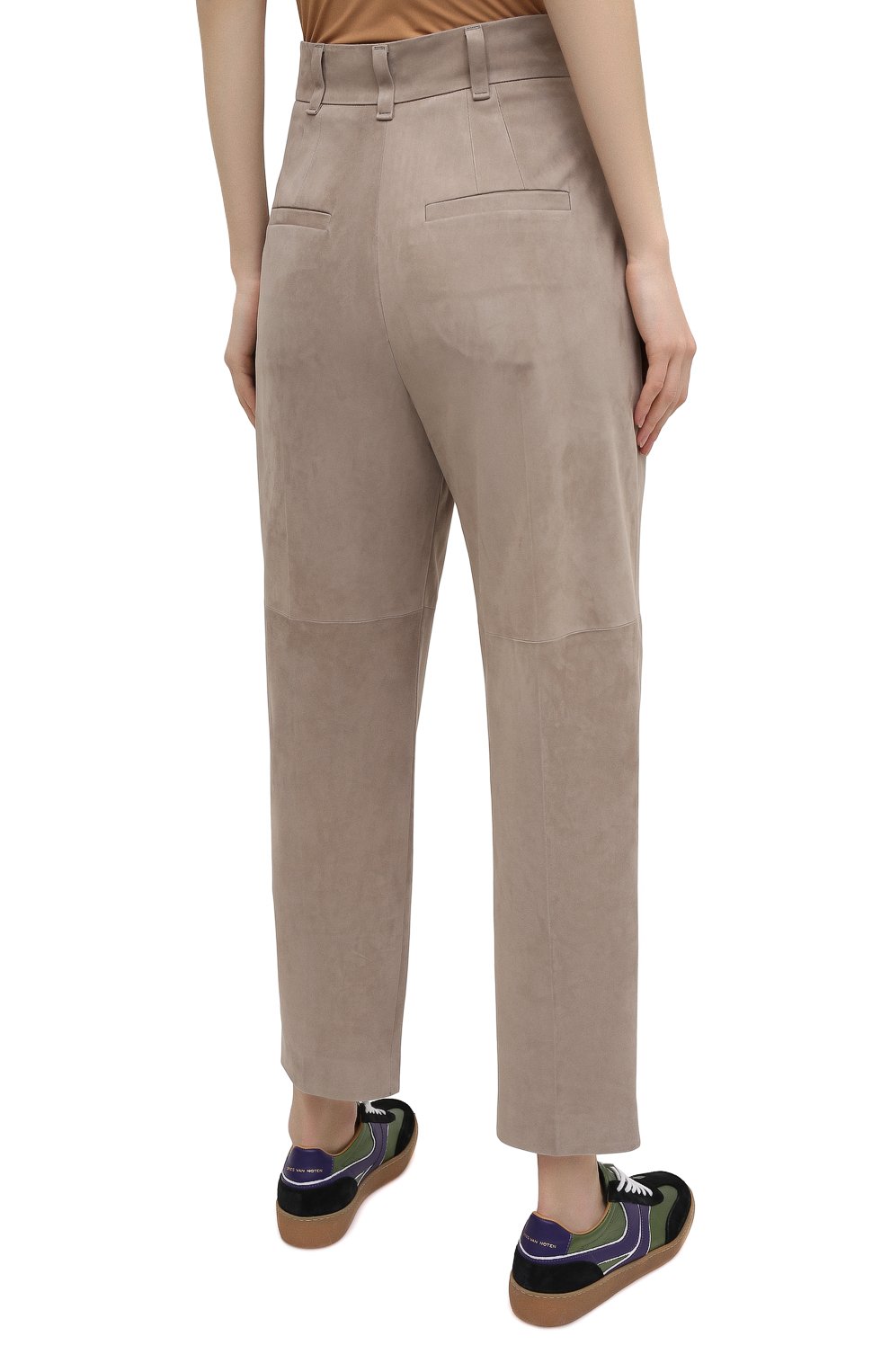 Женские замшевые брюки BRUNELLO CUCINELLI темно-бежевого цвета, арт. M0PCLP7614 | Фото 4 (Материал внешний: Замша, Натуральная кожа; Женское Кросс-КТ: Брюки-одежда, Кожаные брюки; Силуэ т Ж (брюки и джинсы): Прямые; Региональные ограничения белый список (Axapta Mercury): RU; Материал подклада: Синтетический материал; Длина (брюки, джинсы): Укороченные; Стили: Кэжуэл)