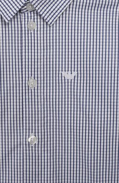 Детская хлопковая рубашка EMPORIO ARMANI синего цвета, арт. 6G4C02/4NGPZ | Фото 3 (Рукава: Длинные; Принт: С принтом; Материал сплава: Проставлено, Проверено; Материал внешний: Хлопок; Стили: Классический; Мальчики-школьная форма: Рубашки; Драгоценные камни: Проставлено; Статус проверки: Проверена категория)