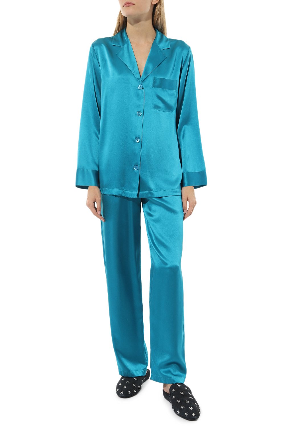 Женская шелковая пижама LUNA DI SETA бирюзового цвета, арт. VLST08007 | Фото 2 (Материал внешний: Шелк; Материал сплава: Проставлено; Нос: Не проставлено)