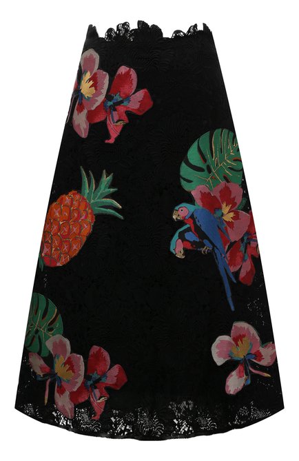 Женская шелковая юбка а-силуэта с нашивками  VALENTINO черного цвета, арт. MB3RA2D0/31J | Фото 1 (Материал внешний: Синтетический материал, Шелк, Хлопок; Длина Ж (юбки, платья, шорты): Миди)