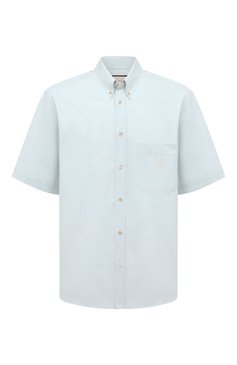 Мужская хлопковая рубашка GUCCI голубого цвета, арт. 630264 ZAEOQ | Фото 1 (Воротник: Button down; Рукава: Короткие; Случай: Повседневный; Длина (для топов): Стандартные; Материал сплава: Проставлено; Материал внешний: Хлопок; Принт: Однотонные; Драгоценные камни: Проставлено; Стили: Кэжуэл)