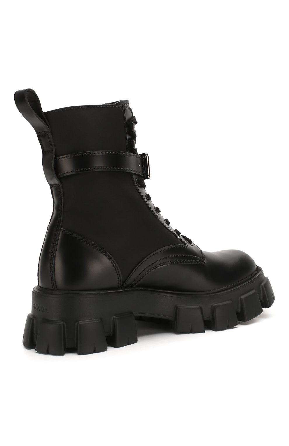 Мужские комбинированные ботинки PRADA черного цвета, арт. 2UE007-3L09-F0002-D002 | Фото 4 (Каблук высота: Высокий; Материал внешний: Кожа; Мужское Кросс-КТ: Ботинки-обувь, Байкеры-обувь; Материал внутренний: Натуральная кожа; Материал утеплителя: Без утеплителя; Подошва: Массивная)