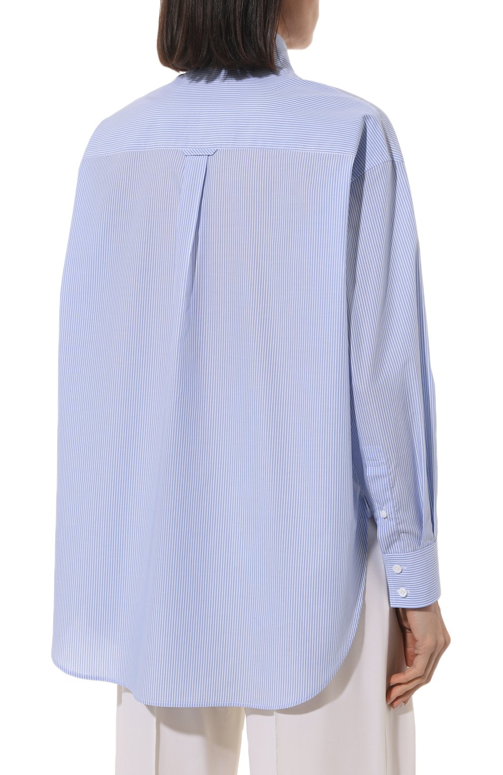 Женская хлопковая рубашка NOBLE&BRULEE голубого цвета, арт. NB001NB/131222/27 | Фото 4 (Рукава: Длинные; Женское Кросс-КТ: Рубашка-одежда; Принт: С принтом; Длина (для топов): Удлиненные; Материал внешний: Хлопок; Стили: Кэжуэл)