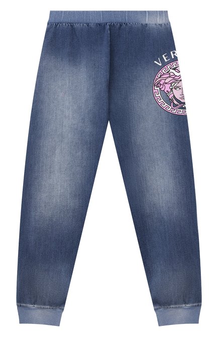 Детские хлопковые джоггеры VERSACE голубого цвета, арт. 1002581/1A00498/8A-14A | Фото 1 (Материал внешний: Хлопок; Девочки Кросс-КТ: Брюки-одежда, Джоггеры-одежда; Ростовка одежда: 10 - 11 лет | 140 - 146см, 12 лет | 152 см, 16 лет | 164 см, 8 лет | 128 см)