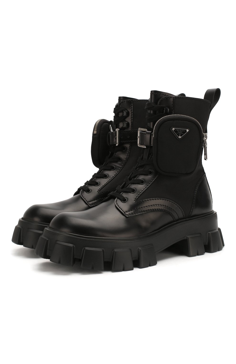 Мужские комбинированные ботинки PRADA черного цвета, арт. 2UE007-3L09-F0002-D002 | Фото 1 (Каблук высота: Высокий; Материал внешний: Кожа; Мужское Кросс-КТ: Ботинки-обувь, Байкеры-обувь; Материал внутренний: Натуральная кожа; Материал утеплителя: Без утеплителя; Подошва: Массивная)