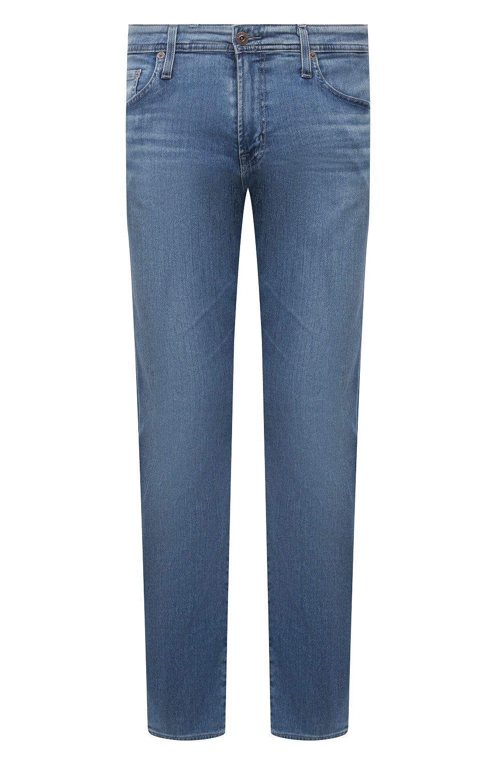 Мужские джинсы AG ADRIANO GOLDSCHMIED голубого цвета, арт. 1174AND/MNTS/MX | Фото 1 (Силуэт М (брюки): Прямые; Кросс-КТ: Деним; Длина (брюки, джинсы): Стандартные; Материал внешний: Хлопок, Деним; Детали: Потертости)