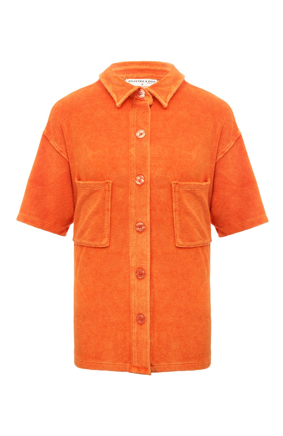 Женская хлопковая рубашка ELECTRIC&ROSE оранжевого цвета, арт. LFCV168VIN | Фото 1 (Принт: Без принта; Рукава: Короткие; Женское Кросс-КТ: Рубашка-одежда; Длина (для топов): Стандартные; Материал сплава: Проставлено; Материал внешний: Хлопок; Драгоценные камни: Проставлено; Стили: Кэжуэл)