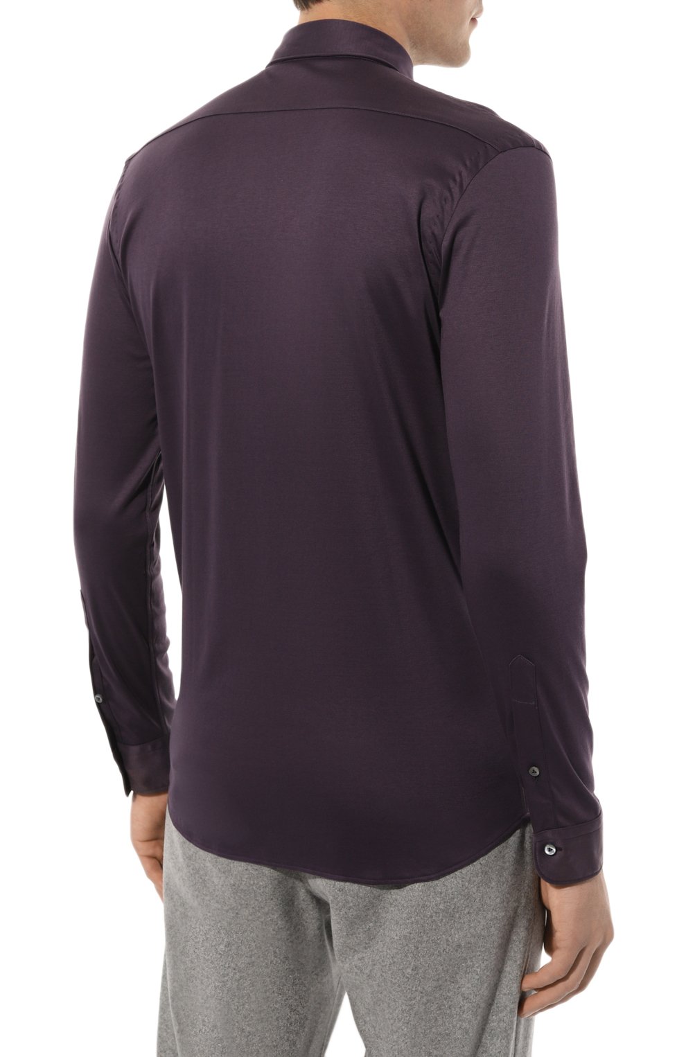 Мужская хлопковая рубашка VAN LAACK фиолетового цвета, арт. PER-LSF/180031 | Фото 4 (Манжеты: На пуговицах; Рукава: Длинные; Воротник: Акула; Случай: Повседневный; Длина (для топов): Стандартные; Р убашки М: Slim Fit; Материал сплава: Проставлено; Материал внешний: Хлопок; Принт: Однотонные; Драгоценные камни: Проставлено; Стили: Кэжуэл)