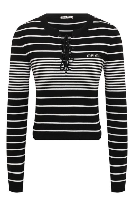 Женский хлопковый пуловер MIU MIU черно-белого цвета, арт. MML559-10KB-F0967 | Фото 1 (Материал внешний: Хлопок; Длина (для топов): Укороченные; Рукава: Длинные; Женское Кросс-КТ: Пуловер-одежда; Стили: Кэжуэл)