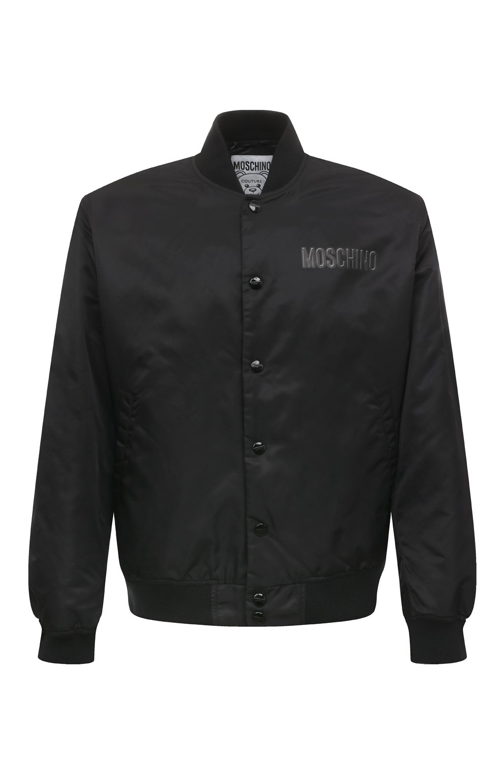 Мужской утепленный бомбер MOSCHINO черного цвета, арт. V0624/7015 | Фото 1 (Кросс-КТ: Куртка, бомбер; Рукава: Длинные; Материал внешний: Синтетический материал; Принт: С принтом; Мужское Кросс-КТ: утепленные куртки; Материал сплава: Проставлено; Материал подклада: Синтетический материал; Драгоценные камни: Проставлено; Длина (верхняя одежда): Короткие; Стили: Кэжуэл)
