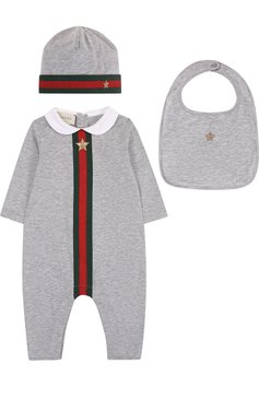 Детского комплект из хлопкового боди и шапочки с нагрудником GUCCI серого цвета, арт. 408987/X5758 | Фото 1 (Статус проверки: Проверено; Материал подклада: Хлопок)