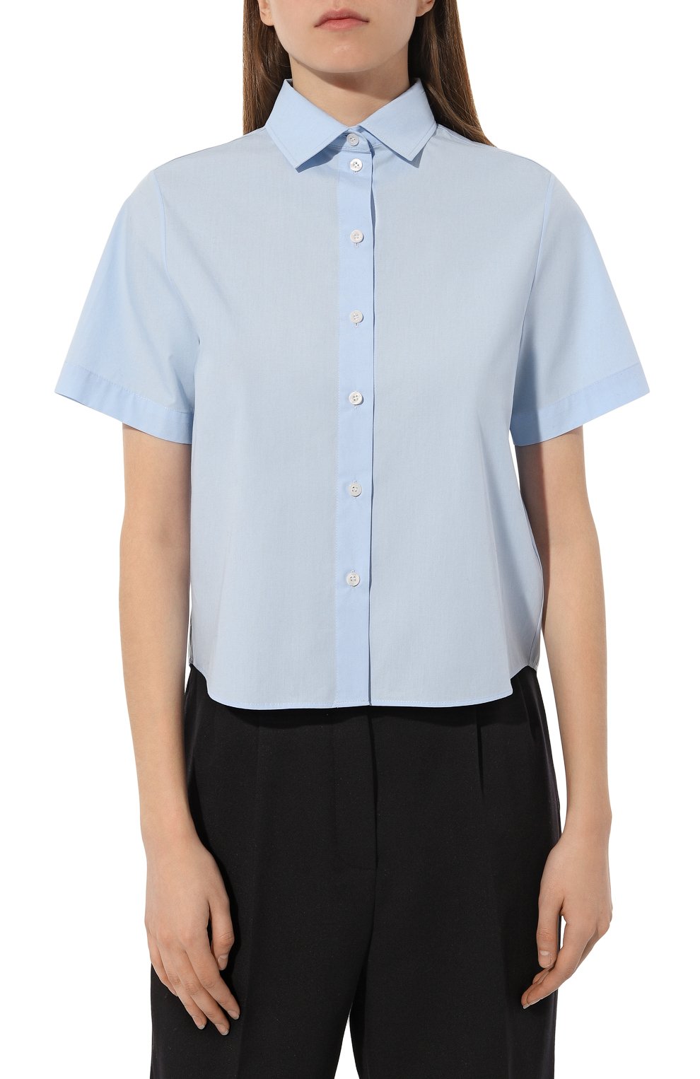 Женская хлопковая рубашка PERVERT голубого цвета, арт. PE22/SHT05/41-02 | Фото 3 (Принт: Без принта; Рукава: Короткие; Женское Кросс-КТ: Рубашка-одежда; Длина (для топов): Стандартные; Материал внешний: Хлопок; Стили: Кэжуэл)
