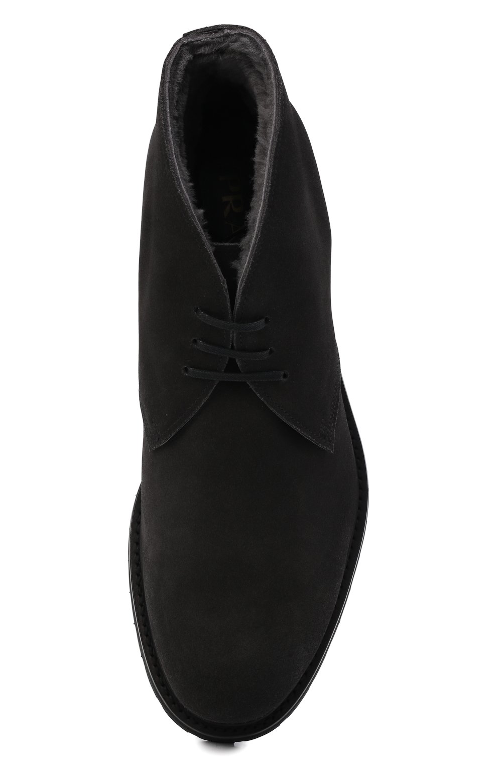 Мужские замшевые ботинки PRADA темно-серого цвета, арт. 2TF031-3D8E-F0308-A000 | Фото 6 (Материал утеплителя: Натуральный мех; Мужское Кросс-КТ: Ботинки-обувь, Дезерты-обувь, зимние ботинки; Подошва: Плоская; Материал внешний: Замша)