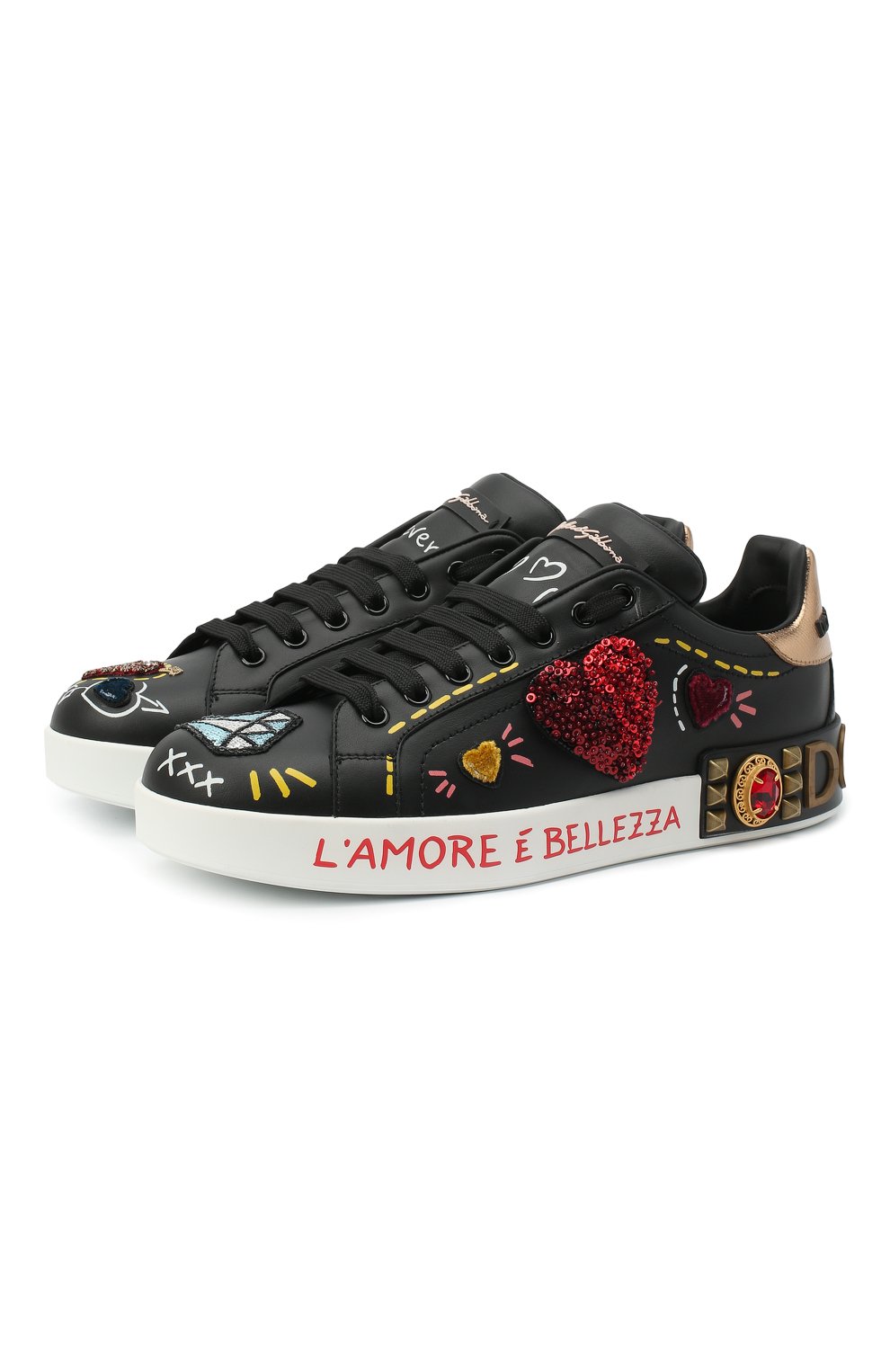 Женские черные кожаные кеды portofino с аппликациями DOLCE & GABBANA ...