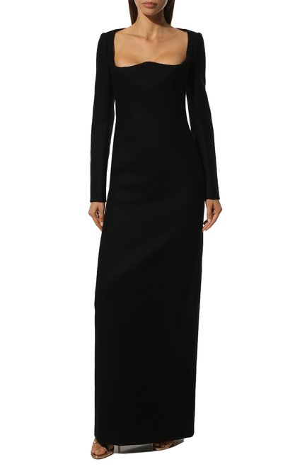 Женское шерстяное платье SAINT LAURENT черного цвета, арт. 537584/Y621W | Фото 2 (Материал внешний: Шерсть; Рукава: Длинные; Длина Ж (юбки, платья, шорты): Макси)