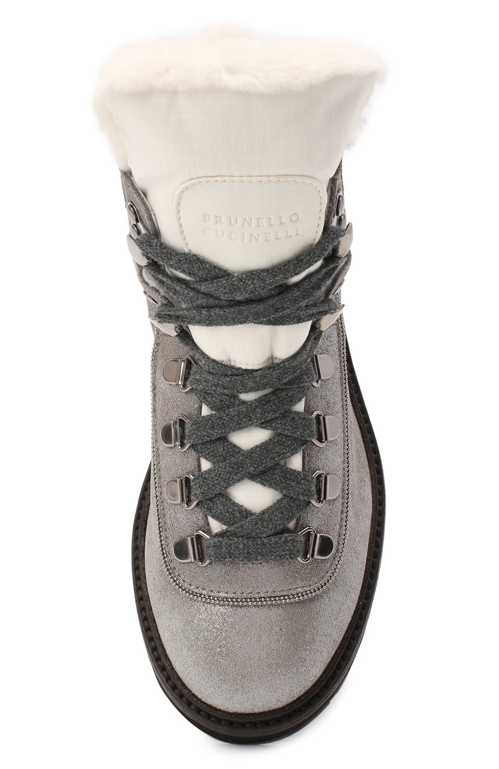 Детские кожаные ботинки с меховой отделкой BRUNELLO CUCINELLI серебряного цвета, арт. BZMICZG027 | Фото 4 (Кросс-КТ: хайкеры; Материал утеплителя: Натуральный мех; Материал сплава: Проставлено; Нос: Не проставлено)