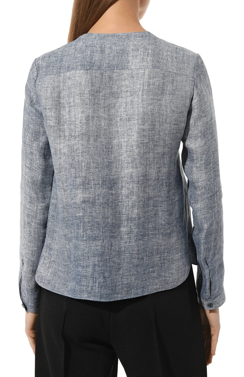 Женская льняная блузка GIORGIO ARMANI голубого цвета, арт. 3SHCC05I/T03VW | Фото 4 (Рукава: Длинные; Длина (для топов): Стандартные; Принт: С принтом; Материал сплава: Проставлено; Материал внешний: Лен; Драгоценные камни: Проставлено; Женское Кросс-КТ: Блуза-одежда; Стили: Кэжуэл)
