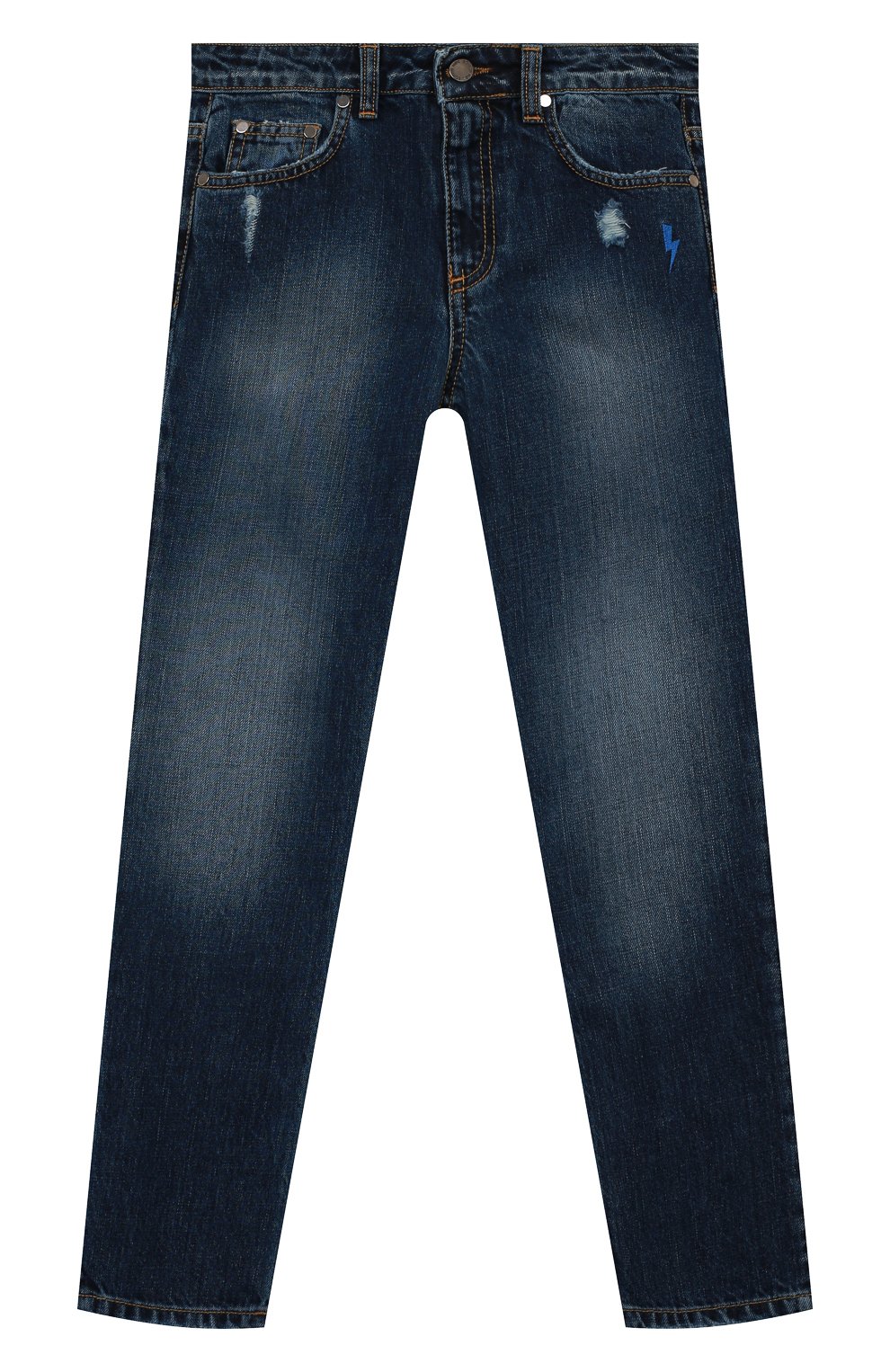 Детские джинсы NEIL BARRETT KIDS синего цвета, арт. 032181 | Фото 1 (Материал сплава: Проставлено; Нос: Не проставлено; Материал внешний: Хлопок; Детали: Потертости)