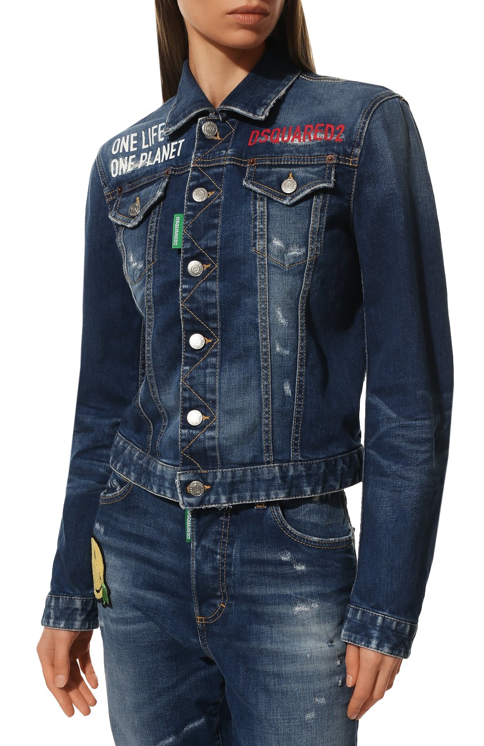 Женская джинсовая куртка dsquared2 x smiley DSQUARED2 синего цвета, арт. S73AM0344/S30816 | Фото 3 (Кросс-КТ: Куртка, Деним; Рукава: Длинные; Стили: Гранж; Материал внешний: Хлопок, Деним; Длина (верхняя одежда): Короткие)