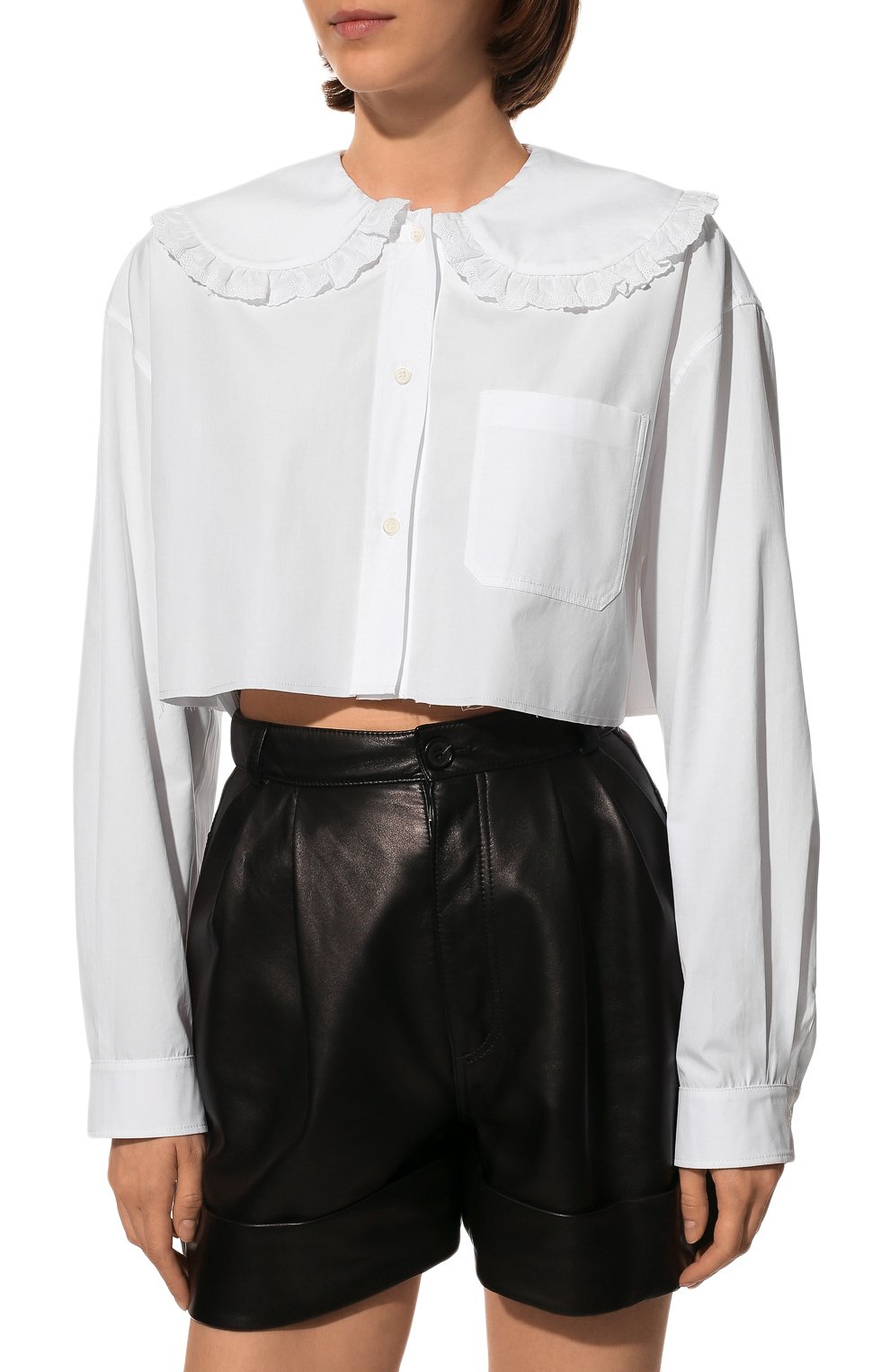 Женская хлопковая блузка MIU MIU белого цвета, арт. MK1570-1Y90-F0009 | Фото 3 (Рукава: Длинные; Принт: Без принта; Материал внешний: Хлопок; Длина (для топов): Укороченные; Стили: Бохо; Женское Кросс-КТ: Блуза-одежда)