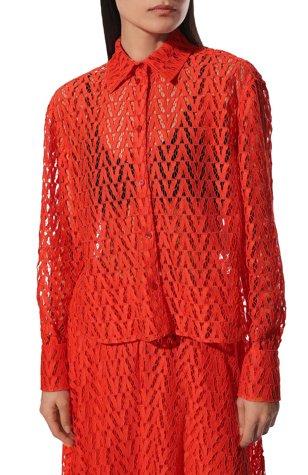 Женская рубашка из вискозы и хлопка VALENTINO оранжевого цвета, арт. XB3AB3A16W1 | Фото 3 (Рукава: Длинные; Принт: Без принта; Женское Кросс-КТ: Рубашка-одежда; Длина (для топов): Стандартные; Региональные ограничения белый список (Axapta Mercury): RU; Материал сплава: Проставлено; Материал внешний: Хлопок, Вискоза; Драгоценные камни: Проставлено; Стили: Романтичный)
