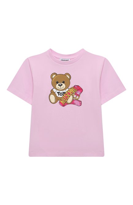 Детская хлопковая футболка MOSCHINO светло-розового цвета, арт. H3M02T/LBA11/4A-8A | Фото 1 (Материал внешний: Хлопок; Материал сплава: Проставлено; Рукава: Короткие; Драгоценные камни: Проставлено)