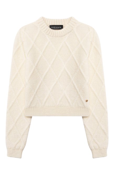 Детский укороченный свитер из шерсти VERSACE белого цвета по цене 42600 руб., арт. 1000649/1A00561/8A-14A | Фото 1