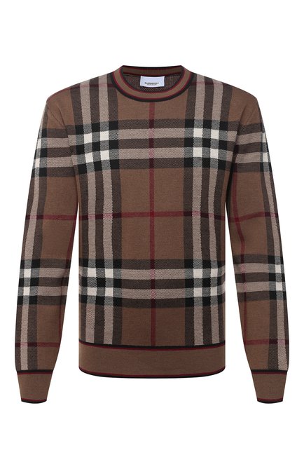 Мужской шерстяной джемпер BURBERRY коричневого цвета, арт. 8036603 | Фото 1 (Материал внешний: Шерсть; Длина (для топов): Стандартные; Рукава: Длинные; Принт: С принтом; Стили: Кэжуэл; Мужское Кросс-КТ: Джемперы; Вырез: Круглый)